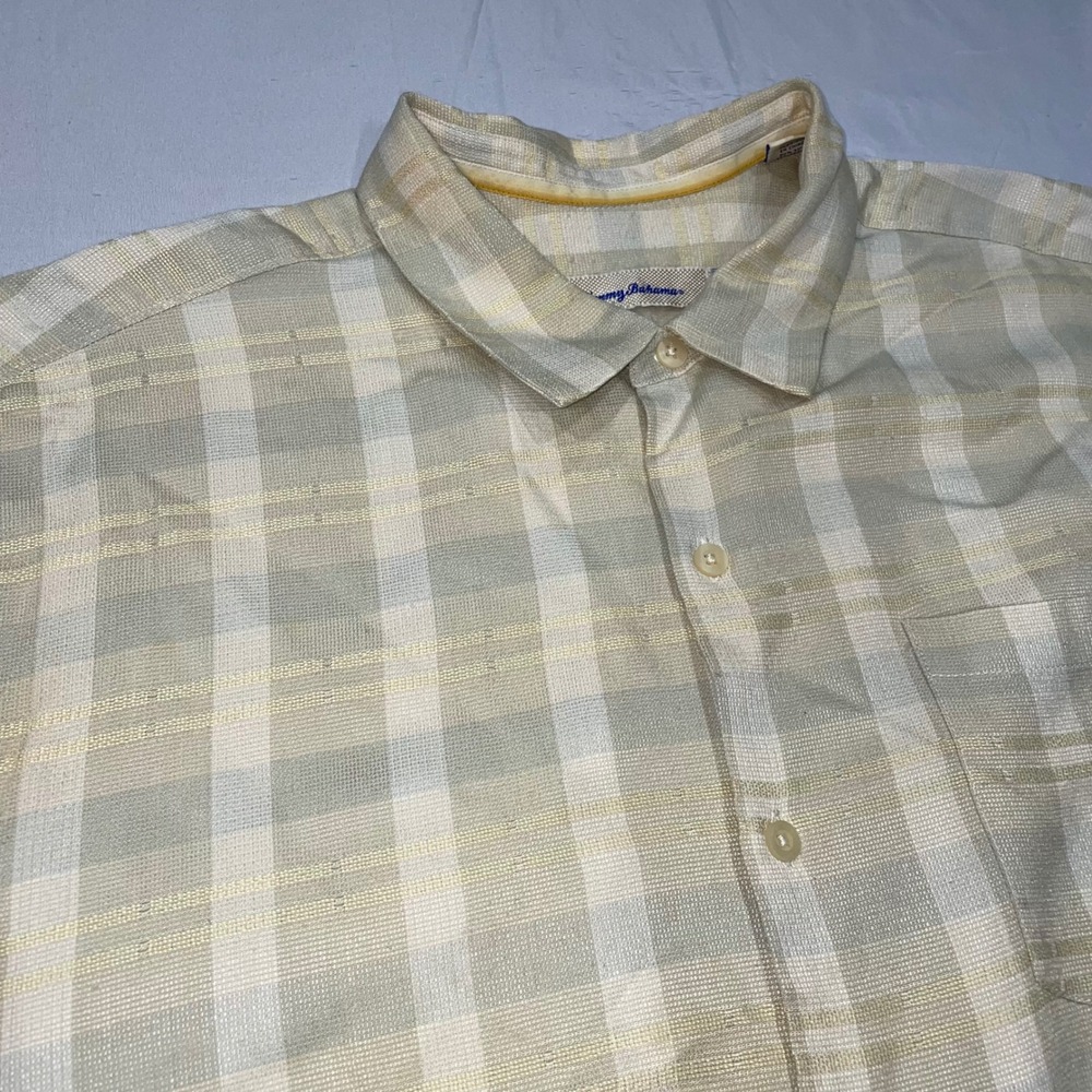 Tommy Bahama Mens XL‎ Silk Cotton Plaid Short Sleeve Button Down Camp Shirt Tan